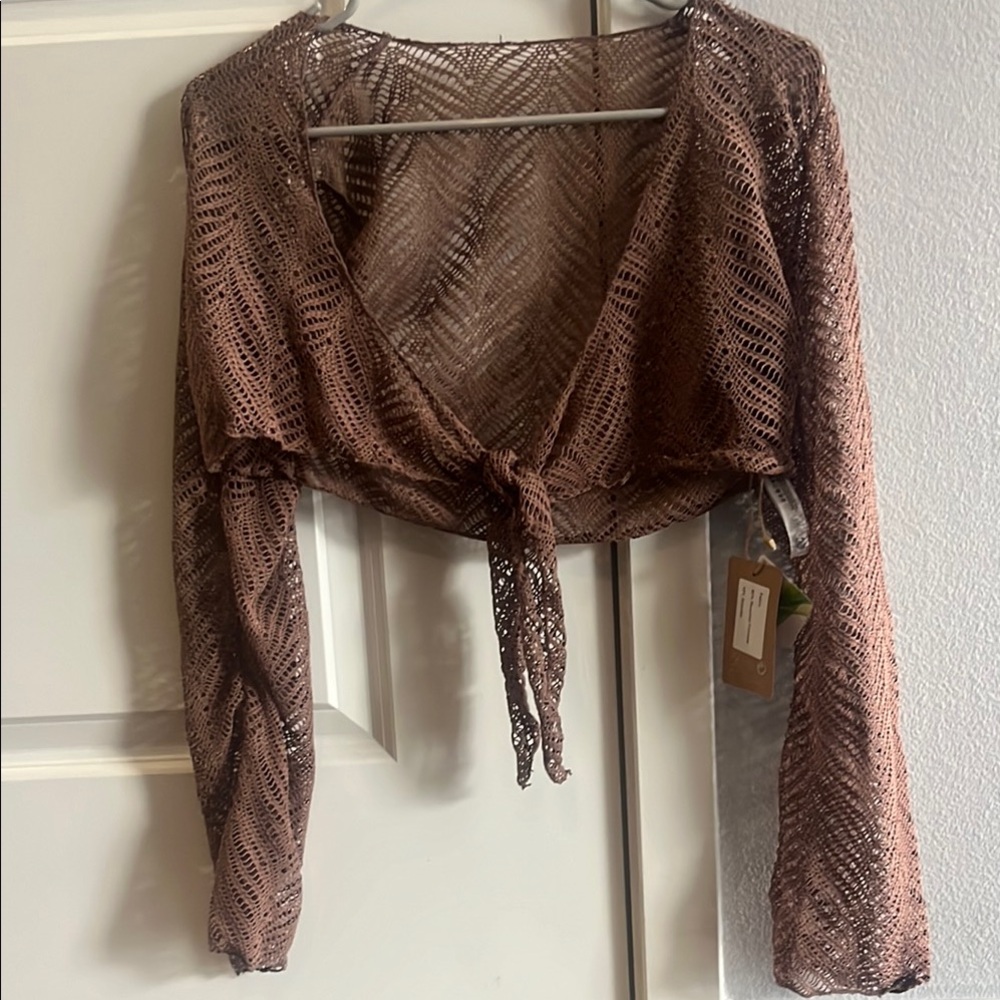 BERLOOK Brown Lace Tie-Front Top Swim Coverup
